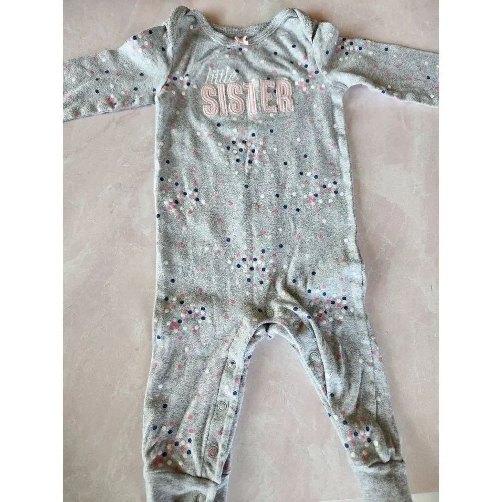 Carters 12 month baby girl little sister long sleeve bodysuit grey confetti polk